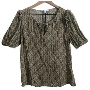 Anthropologie DR2 Green Floral Paisley Half Sleeve Tie Scoop Neck Blouse Top